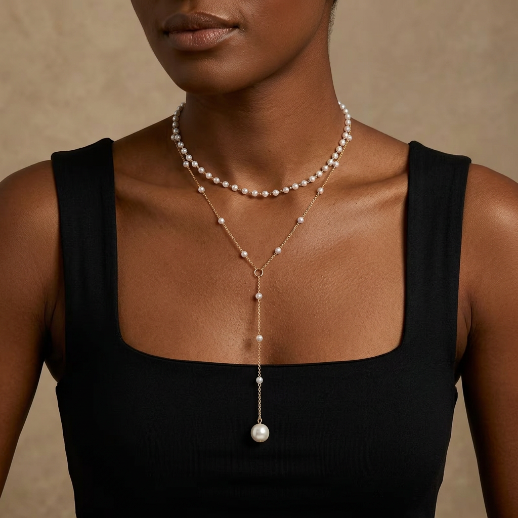 Model wearing the necklace with a black top