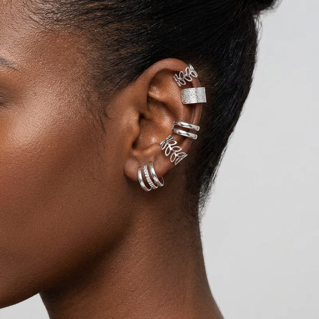 Silver-tone ear cuffs styled on a model