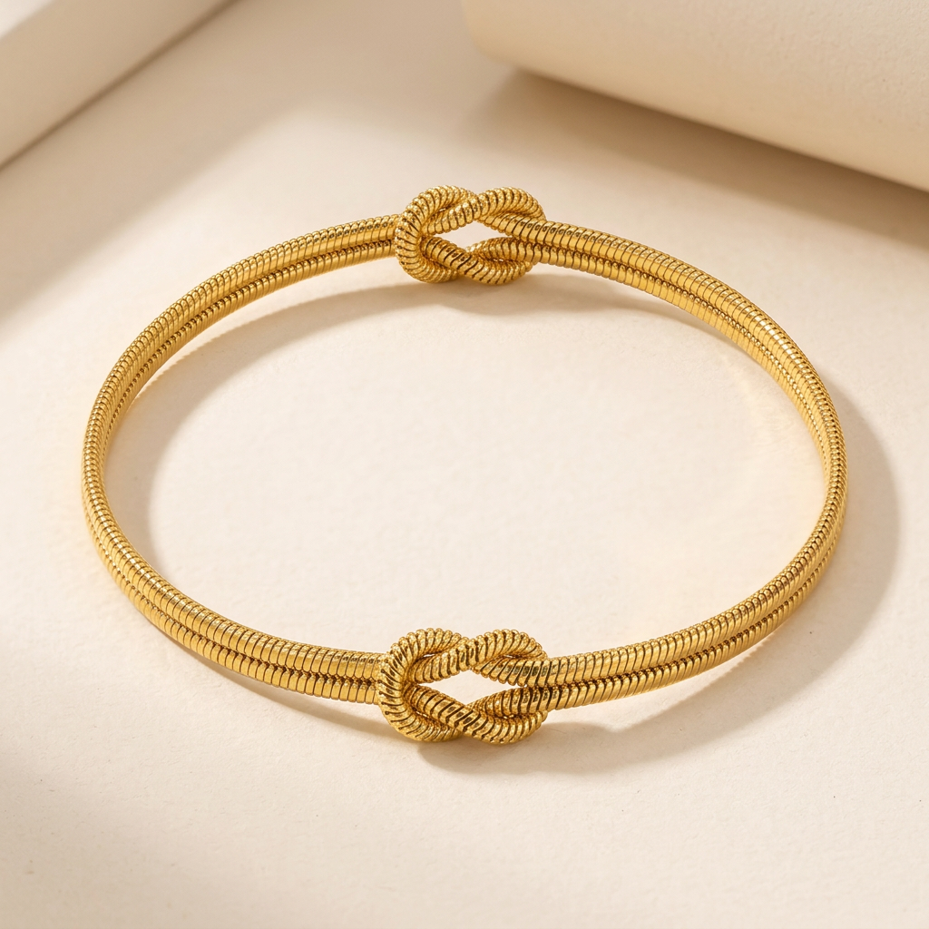 Gold knot bracelet product image on a warm-neutral background