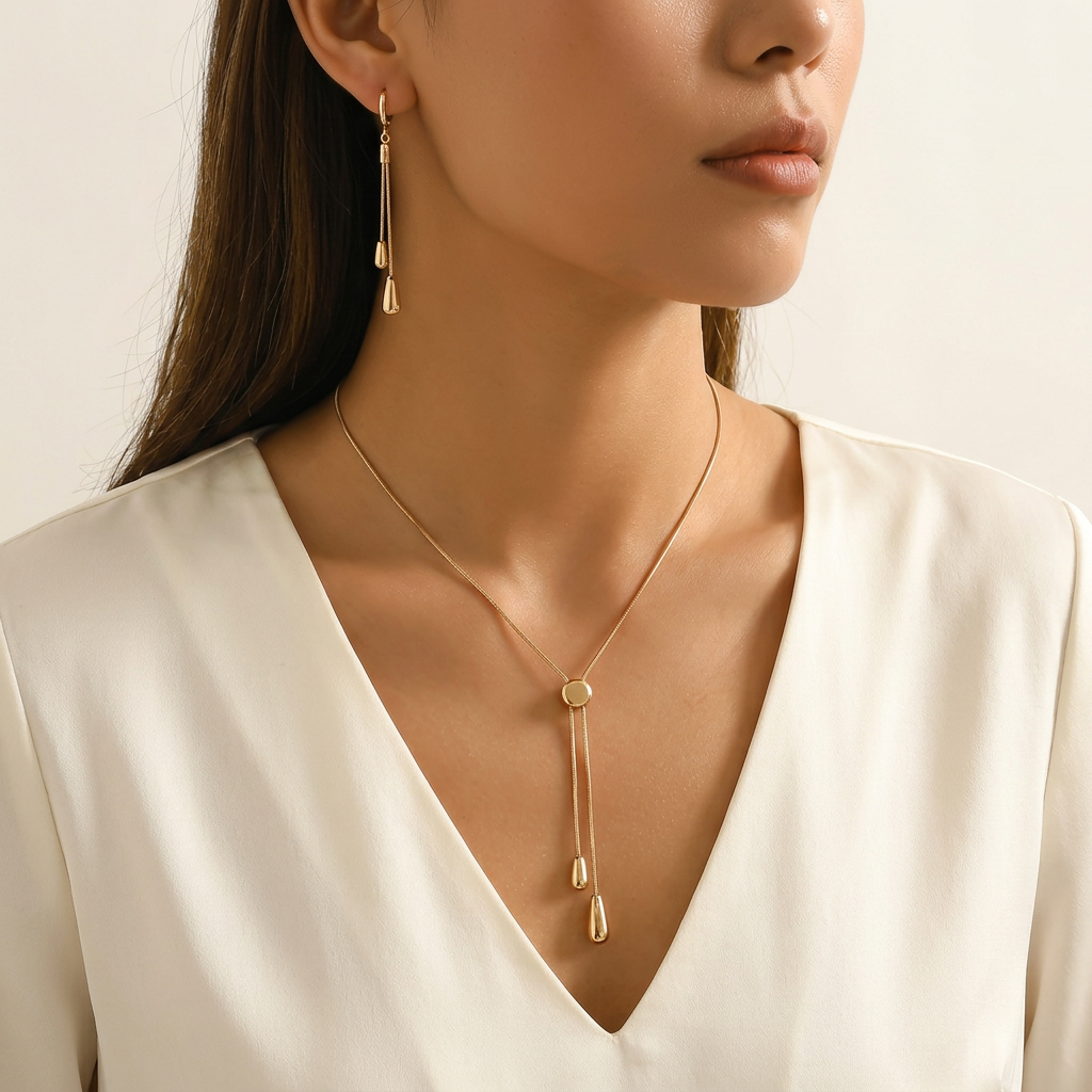 Gold necklace and matching earrings worn on a model