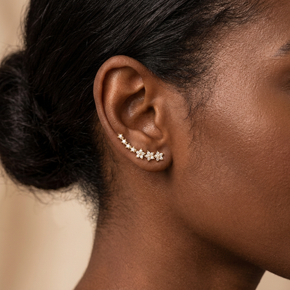 Gold-tone earrings worn by a model