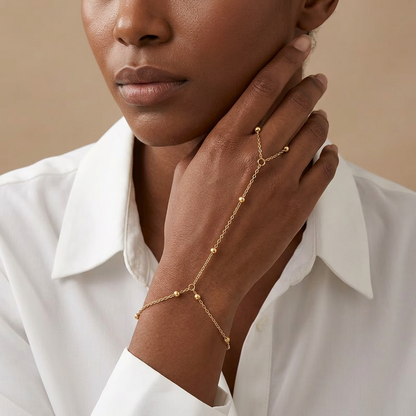 Lifestyle image of a model wearing the hand chain
