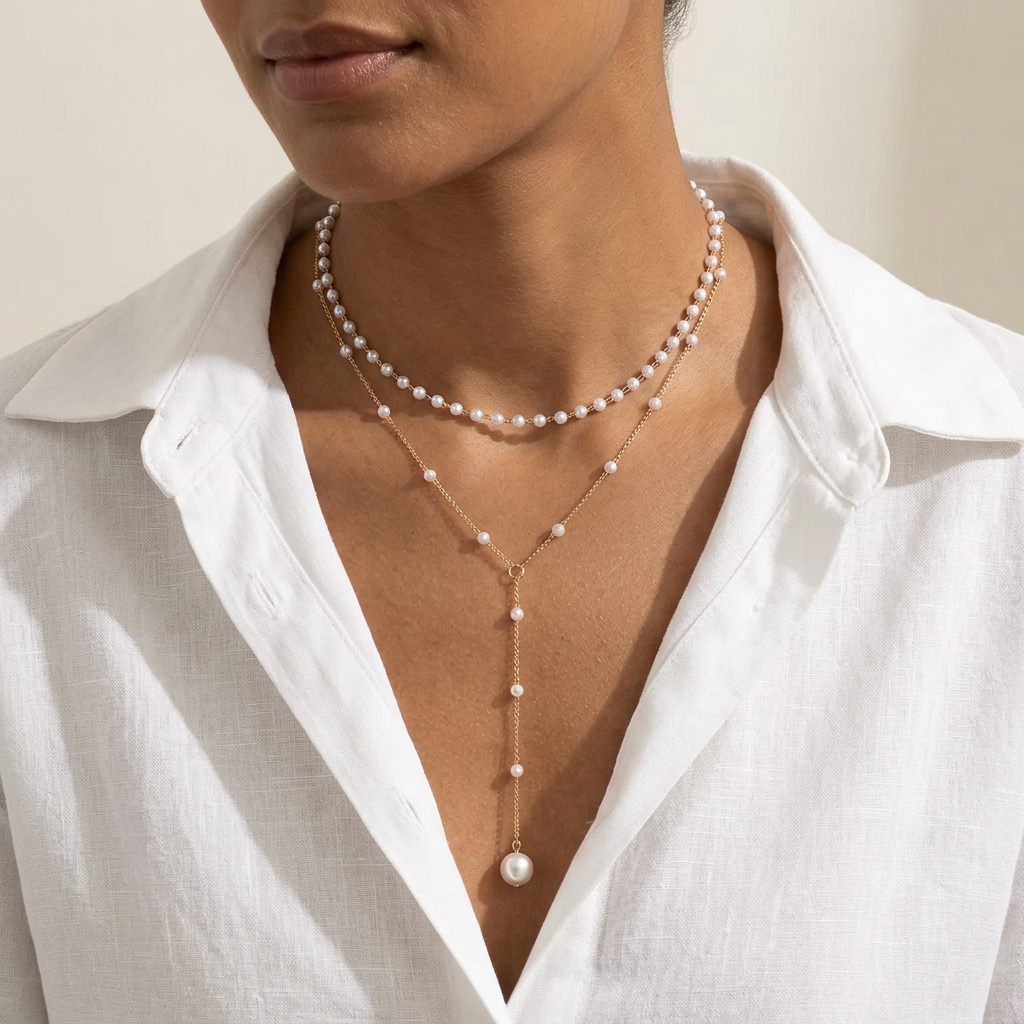 Model wearing the necklace with a white linen shirt